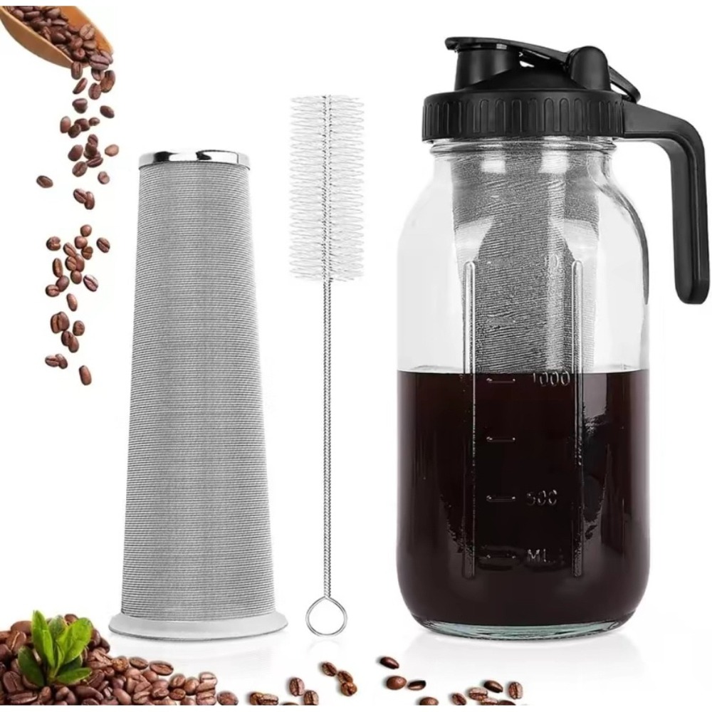 Glass Cold Brew Coffee Maker 32oz Mason Jar Stainless Steel Mesh Filter & Brush